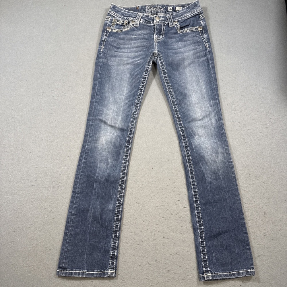 Miss Me Straight Leg Women's 26X30Stretch FLEUR DI LIS Embroidered Studded Jeans - Picture 3 of 9